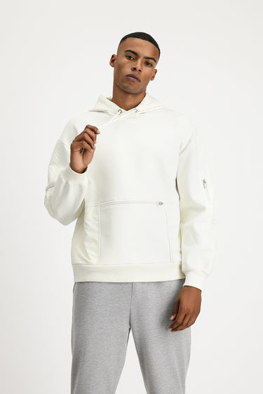 Kırık Beyaz Kapüşonlu Oversize Fermuarlı Pamuklu Sweatshirt