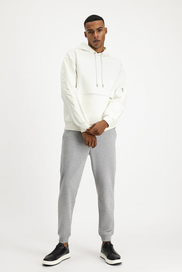 Kırık Beyaz Kapüşonlu Oversize Fermuarlı Pamuklu Sweatshirt