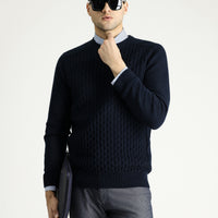 Mid-Navy Crew Neck Regular Fit Patterned Knit Sweater