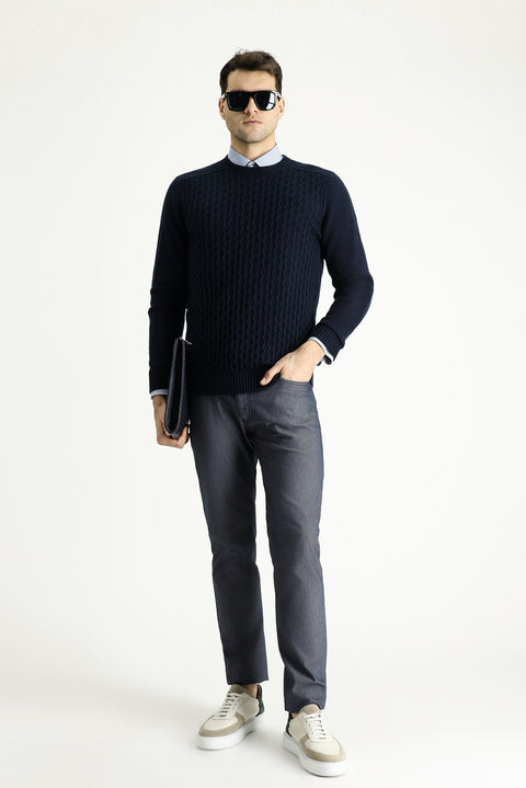 Mid-Navy Crew Neck Regular Fit Patterned Knit Sweater