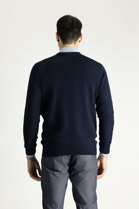 Mid-Navy Crew Neck Regular Fit Patterned Knit Sweater