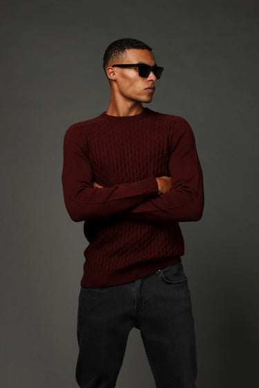 Koyu Bordo Bisiklet Yaka Regular Fit Dikişsiz Desenli Triko Kazak