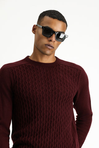 Koyu Bordo Bisiklet Yaka Regular Fit Dikişsiz Desenli Triko Kazak