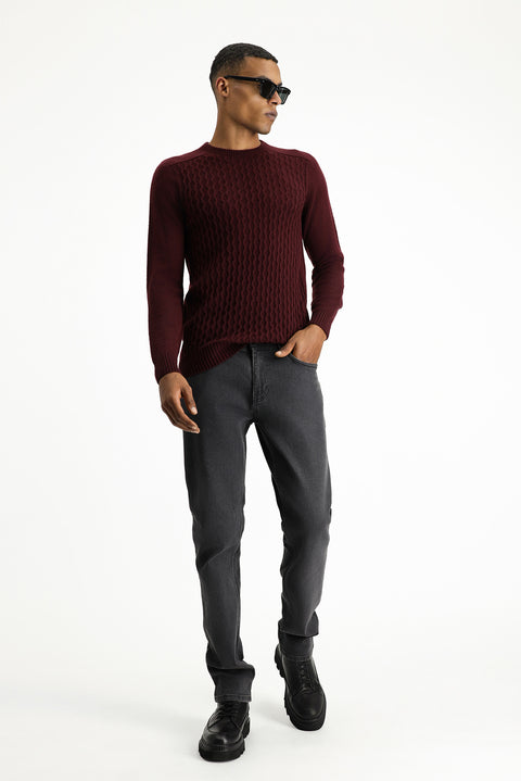 Dark Burgundy Crew Neck Regular Fit Patterned Knitwear Sweater