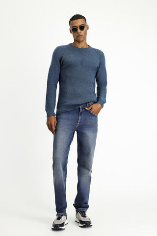 İndigo Bisiklet Yaka Regular Fit Dikişsiz Desenli Triko Kazak