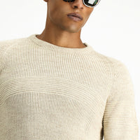 Open Beige Crew Neck Regular Fit Patterned Knit Sweater