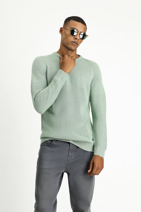 Mint Green Crew Neck Regular Fit Patterned Knit Sweater