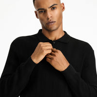 Siyah Polo Yaka Düğmeli Slim Fit Desenli Pamuklu Triko Kazak