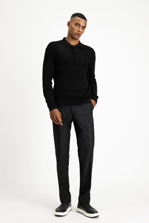 Siyah Polo Yaka Düğmeli Slim Fit Desenli Pamuklu Triko Kazak