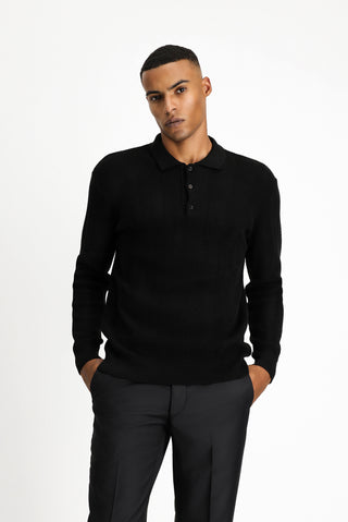 Siyah Polo Yaka Düğmeli Slim Fit Desenli Pamuklu Triko Kazak