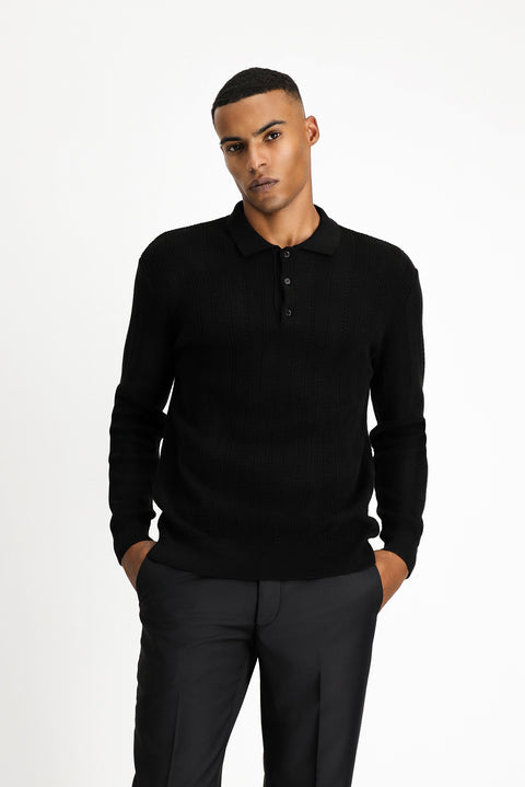 Siyah Polo Yaka Düğmeli Slim Fit Desenli Pamuklu Triko Kazak
