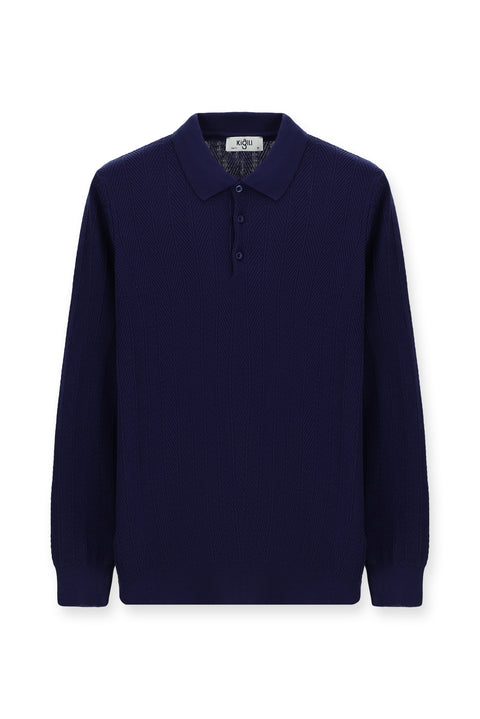 Açık Lacivert Polo Yaka Düğmeli Slim Fit Desenli Pamuklu Triko Kazak