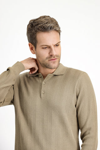 Orta Bej Polo Yaka Düğmeli Slim Fit Desenli Pamuklu Triko Kazak