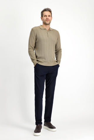 Orta Bej Polo Yaka Düğmeli Slim Fit Desenli Pamuklu Triko Kazak