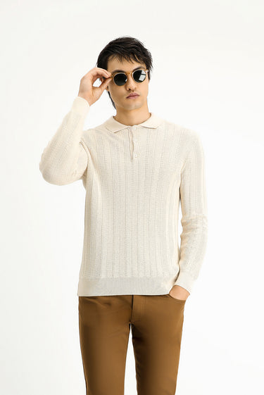 Ekru Polo Yaka Slim Fit Dar Kesim Desenli Pamuklu Triko Kazak