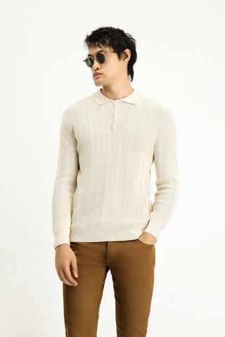 Ekru Polo Yaka Düğmeli Slim Fit Desenli Pamuklu Triko Kazak