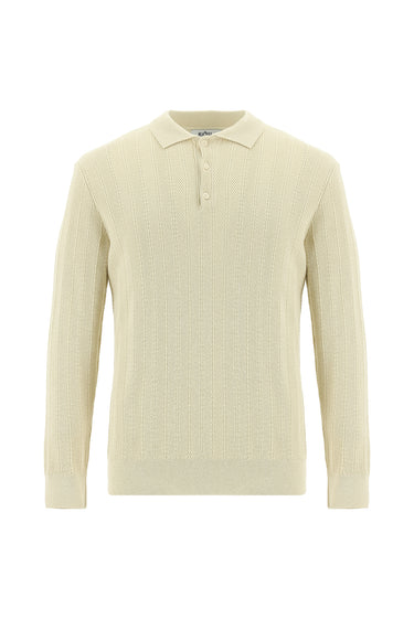 Ekru Polo Yaka Slim Fit Dar Kesim Desenli Pamuklu Triko Kazak