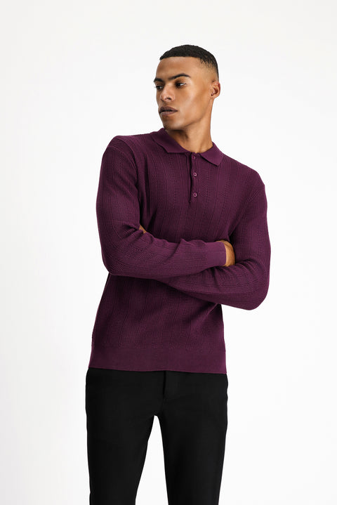 Mürdüm Polo Yaka Düğmeli Slim Fit Desenli Pamuklu Triko Kazak