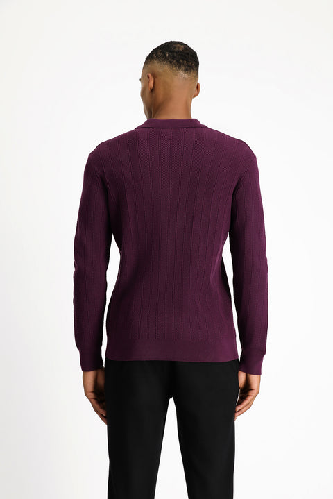 Mürdüm Polo Yaka Düğmeli Slim Fit Desenli Pamuklu Triko Kazak