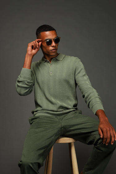 Çağla Yeşili Polo Yaka Slim Fit Dar Kesim Desenli Pamuklu Triko Kazak