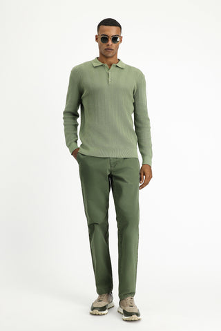 Çağla Yeşili Polo Yaka Düğmeli Slim Fit Desenli Pamuklu Triko Kazak