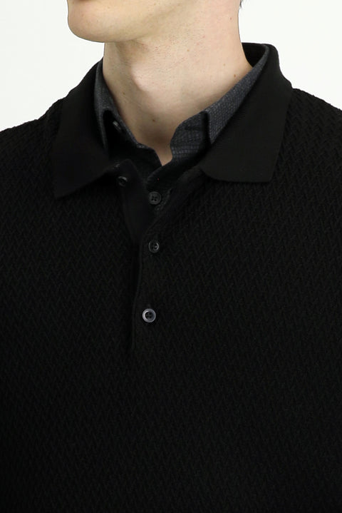 Siyah Polo Yaka Regular Fit Desenli Pamuklu Triko Kazak