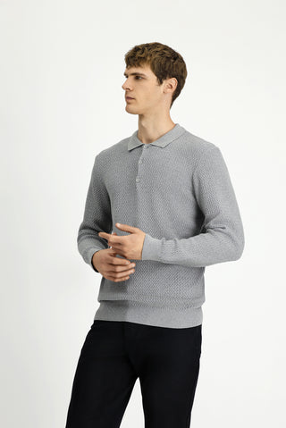 Açık Gri Melanj Polo Yaka Regular Fit Desenli Pamuklu Triko Kazak