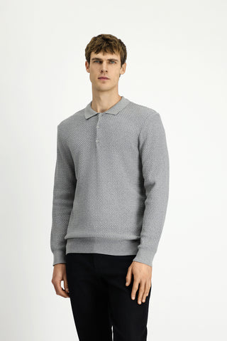 Açık Gri Melanj Polo Yaka Regular Fit Desenli Pamuklu Triko Kazak