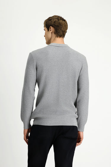 Açık Gri Melanj Polo Yaka Regular Fit Desenli Pamuklu Triko Kazak