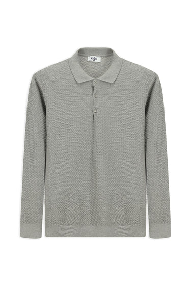 Açık Gri Melanj Polo Yaka Regular Fit Desenli Pamuklu Triko Kazak