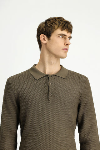 Orta Kahve Polo Yaka Regular Fit Desenli Pamuklu Triko Kazak