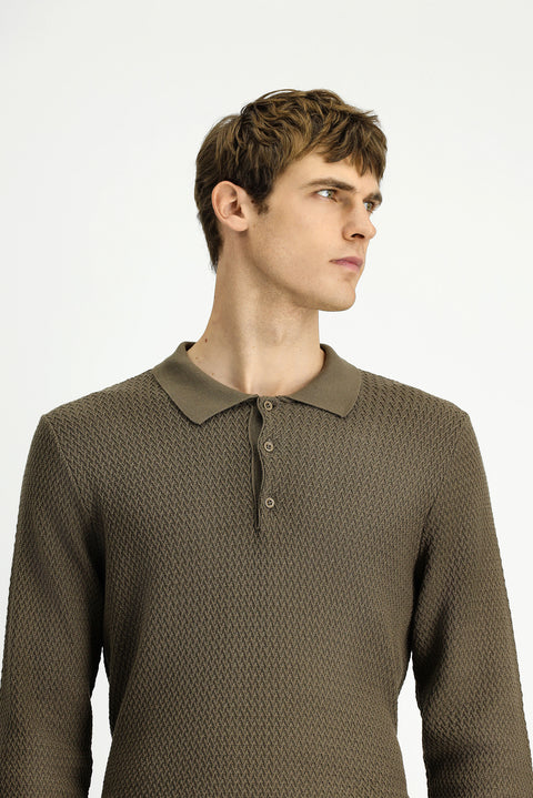 Orta Kahve Polo Yaka Regular Fit Desenli Pamuklu Triko Kazak