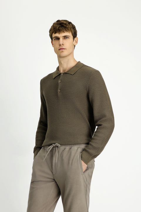 Orta Kahve Polo Yaka Regular Fit Desenli Pamuklu Triko Kazak