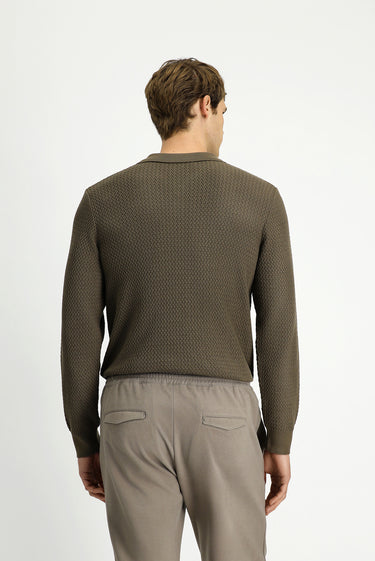 Orta Kahve Polo Yaka Regular Fit Desenli Pamuklu Triko Kazak