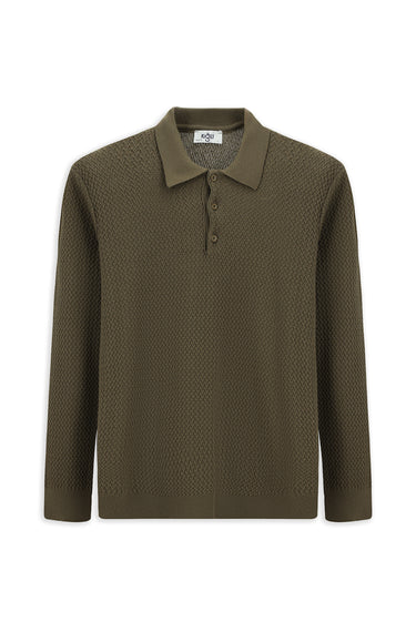 Orta Kahve Polo Yaka Regular Fit Desenli Pamuklu Triko Kazak