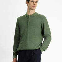Çağla Yeşili Polo Yaka Regular Fit Desenli Pamuklu Triko Kazak