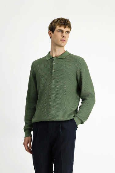 Çağla Yeşili Polo Yaka Regular Fit Desenli Pamuklu Triko Kazak