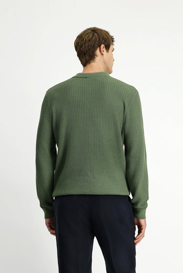 Çağla Yeşili Polo Yaka Regular Fit Desenli Pamuklu Triko Kazak