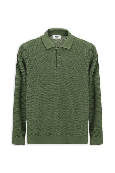 Çağla Yeşili Polo Yaka Regular Fit Desenli Pamuklu Triko Kazak