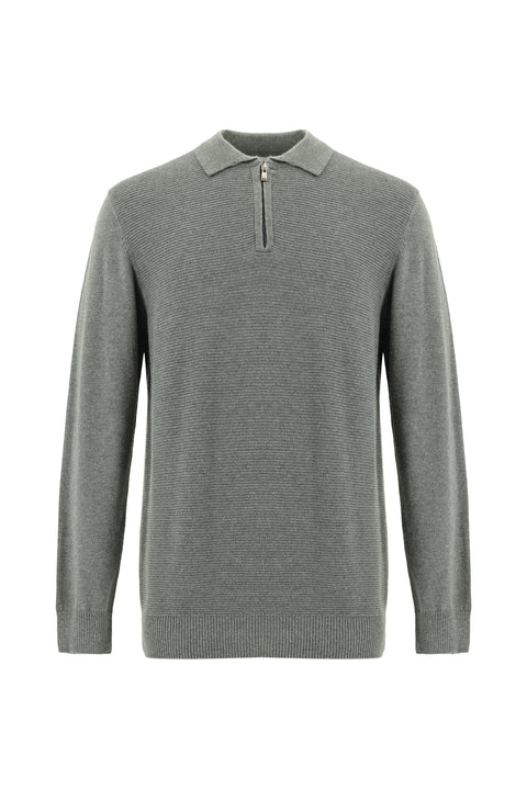 Orta Gri Melanj Polo Yaka Fermuarlı Regular Fit Desenli Pamuklu Triko Kazak