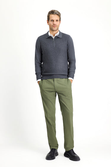 Orta Antrasit Polo Yaka Regular Fit Fermuarlı Desenli Pamuklu Triko Kazak