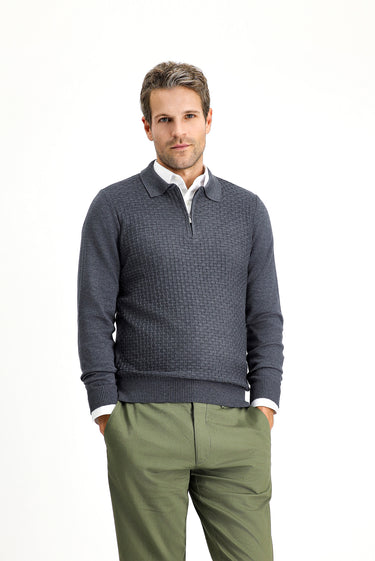 Orta Antrasit Polo Yaka Regular Fit Fermuarlı Desenli Pamuklu Triko Kazak