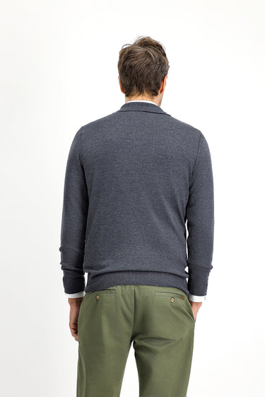 Orta Antrasit Polo Yaka Regular Fit Fermuarlı Desenli Pamuklu Triko Kazak