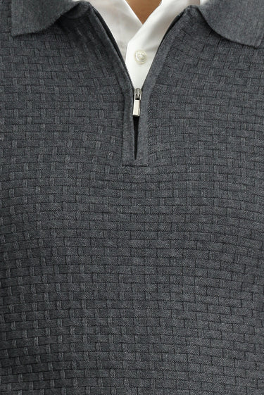 Orta Antrasit Polo Yaka Regular Fit Fermuarlı Desenli Pamuklu Triko Kazak