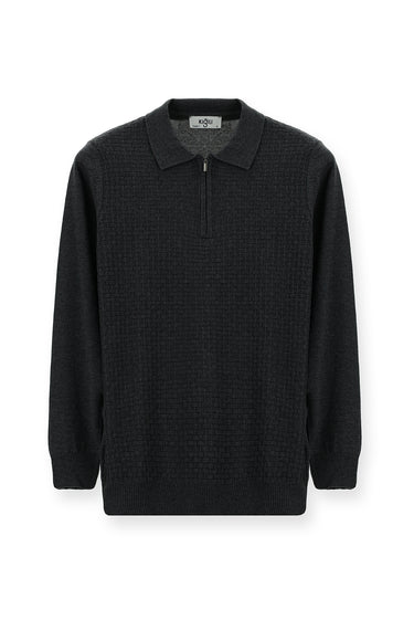 Orta Antrasit Polo Yaka Regular Fit Fermuarlı Desenli Pamuklu Triko Kazak