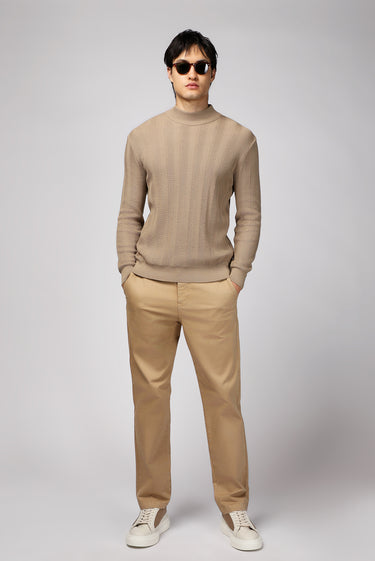 Orta Bej Yarım Balıkçı Yaka Slim Fit Dar Kesim Desenli Pamuklu Triko Kazak