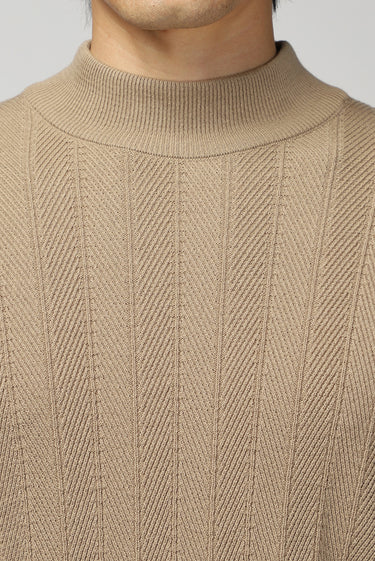 Orta Bej Yarım Balıkçı Yaka Slim Fit Dar Kesim Desenli Pamuklu Triko Kazak