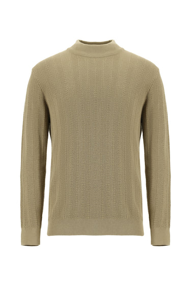 Orta Bej Yarım Balıkçı Yaka Slim Fit Dar Kesim Desenli Pamuklu Triko Kazak