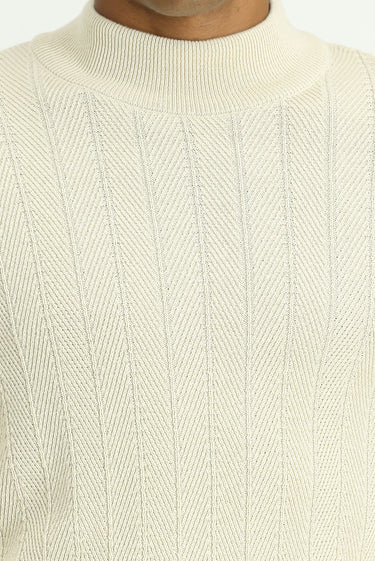 Ekru Yarım Balıkçı Yaka Slim Fit Dar Kesim Desenli Pamuklu Triko Kazak