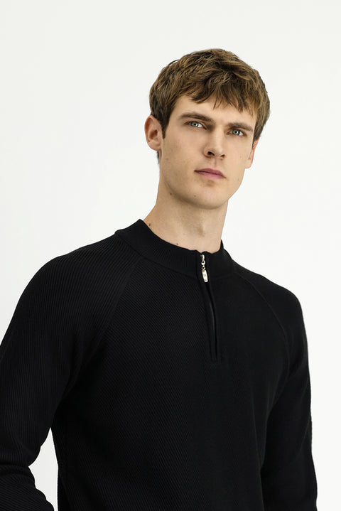 Black Half Turtleneck Regular Fit Zip-Up Patterned Cotton Knit Sweater